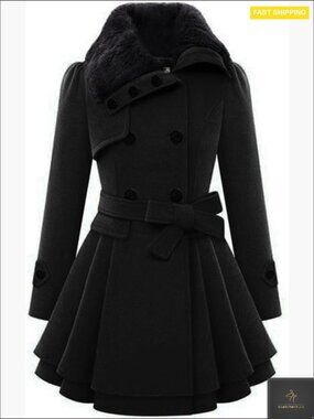Faux Fur Lapel Wool Trench Coat Double-Breasted Winter Warm Elegant Chic